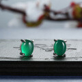 S925 Silver Chinese Style New Chinese Emperor Green Chalcedony Stud Earrings-0-0