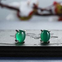 S925 Silver Chinese Style New Chinese Emperor Green Chalcedony Stud Earrings-Egg-shaped stud earrings - ED155 (8mm)  925 silver