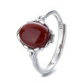 wholesale S925 Sterling Silver Retro Antique-style Oval Geometric Red Agate Stone National Tide Ethnic Palace-style Openable Ring-0-5
