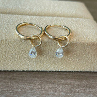 wholesale S925 Sterling Silver Exquisite Water Drop Pendant Zircon Circle Earrings for Women, Minimalist Style Elegant Two-Way Wear Earrings-BE0158-Gold 925 Silver