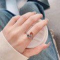 wholesale S925 Sterling Silver Southern Red Agate Three-Dimensional Floral Design Open Adjustable Ring Vintage Bohemian Ancient Style Index Finger Ring-0-3