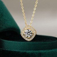 14K Gold Plated 925 Sterling Silver Square Moissanite Pendant Necklace for Women-1CT (zircon)  925 silver