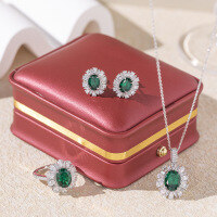wholesale Platinum New High-End Jewelry Lab-Created Emerald 3-Carat Oval Matching Ring, Necklace and Earrings Set-Set US Size 7