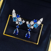 wholesale S925 Silver New Floral Cluster Full Diamond Earrings Fashion Blue Diamond Studs Luxury High-End Sense-E685 Blue Diamond Earrings 925 Silver