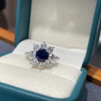 Metal Blue Sapphire Sunflower Earrings, Korean Style Light Luxury Studs-Cultured Sapphire Ring  US Size 9