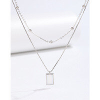 wholesale Pure Silver White Mother-of-Pearl Double Layer Women's Necklace, Minimalist Small Stackable Collarbone Chain with Square Pendant, Elevated Sense Sweater Chain-White Shell Double Necklace 925 Silver