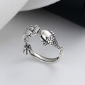 wholesale S925 Sterling Silver Antique Style Koi Fish Ring, Ethnic Revival "Year After Year Abundance" Small Fish with Lotus Flower and Seed Pod Finger Ring-0-0