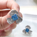 wholesale S925 Sterling Silver 7*7mm Radiant Cut London Blue Topolite Luxurious Full Diamond Floral Stud Earrings for Women-0-3