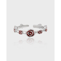 wholesale S925 Sterling Silver Original Niche Design Sweet and Edgy Style Textured Light Luxury Drip Glaze Rose Open Adjustable Ring for Women-Platinum [No. 14/Adjustable] Opening adjustable