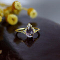 wholesale S925 silver gold-plated natural Brazilian amethyst teardrop ring for women, elegant diamond small-loop ring-0-0