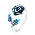 wholesale S925 Sterling Silver Vintage Bohemian Blue Enamel Rose and Leaf Design Open Adjustable Ring Elegant Style-0-4