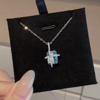 wholesale S925 Sterling Silver Paraiba Mint Green Ice Sugar Bow Square Pendant Necklace for Women, Small and Unique Design Collarbone Chain-Platinum>925 silver
