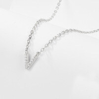wholesale 925 Sterling Silver 26 Letter Necklace Light Luxury High-End Sense Pendant Necklace with Diamond-Encrusted Letters for Women Cross-Border E-Commerce Jewelry-V-Necklace-White Gold &gt;925 Silver (40+5cm)