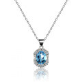 Sterling Silver Natural Blue Topaz Moissanite Necklace Pendant, 1ct, Emerald Cut-0-3