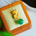 wholesale Gold-plated 925 Sterling Silver Green Chrysoprase Pendant with Cold Enamel Flower and Palace-style Ancient Jade Pendant Necklace-0-3