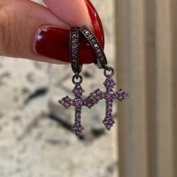 wholesale 925 Sterling Silver Full Diamond Cross Hoop Ear Clasp, Small Niche Sweet and Cool Personality, High-End Sense Ear Studs Ear Clips for Men and Women-Purple Diamond (Price per piece)  925 Silver