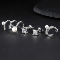 wholesale S925 silver fashion luxury earrings three-piece set, inlaid with natural freshwater pearls and matching 5A cubic zirconia earrings and ear clips-S925 sterling silver inlaid with natural pearls + white zirconium>925 silver