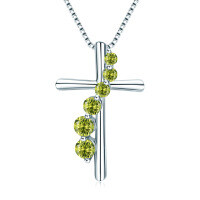 S925 Silver Cross Pendant with Pink Diamond and Sapphire Wholesale-[Cross] August (Olive Green)  925 Silver