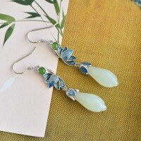 wholesale Sterling silver with certificate, inlaid with Hetian jade orchid earrings, cloisonné ear accessories, vintage mother-style earrings to match cheongsam-Silver Cold Enamel Magnolia Earrings 925 Silver