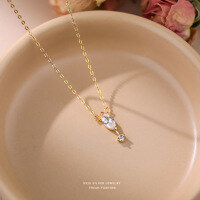 wholesale Sterling Silver Minimalist Geometric Marquise Zircon Pendant Necklace For Women, A Small-design Luxury Collarbone Chain-A4374_white zirconium_18K yellow plating_swimming paint 925 silver