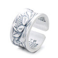 wholesale S925 Sterling Silver Retro Enamel Craft Lotus Heart Sutra Adjustable Ring Creative Literary Classical Style-0-6