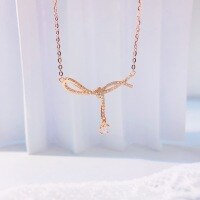 wholesale Pure silver Korean-style fashion ribbon bow necklace for women, small and unique design, high-end and versatile, elegant square sugar collarbone chain-TL012320-Rose Gold>925 Silver
