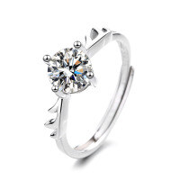 Sterling Silver Moissanite Deer Antler Open Ring for Women-【Super Sparkling Zircon】1 Carat "All the Way With You" Ring  Adjustable Opening