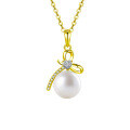 Sterling Silver Dainty Bow Pendant Necklace with Freshwater Pearls-0-5