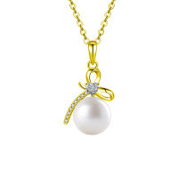 Sterling Silver Dainty Bow Pendant Necklace with Freshwater Pearls-Natural freshwater pearl necklace (gold color)  10-point moissanite (heart-shaped, 3mm)