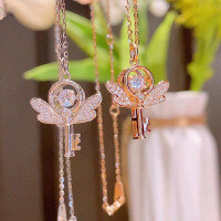 wholesale S925 Sterling Silver Artisan Dynamic Cupid Necklace, Light Luxury Elegant High-End Angel Key Pendant Collarbone Chain-Platinum (labor unit price, excluding silver)  925 silver