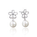 wholesale S925 Sterling Silver Minimalist Floral Diamond-Studded Pearl Earrings, Korean Export Style Elegant Shell Pearl Ear Drops for Women-0-4