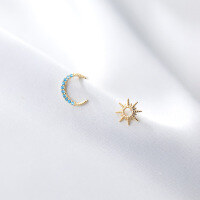 wholesale S925 silver earrings for women with blue diamonds, asymmetrical sun and moon ear accessories G9538-S925 silver pair gold>925 silver