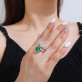 wholesale S925 silver pure silver ring with green gemstone design, zirconia, high-carbon diamond, and ice-cut floral style, elegant women's silver jewelry-0-3