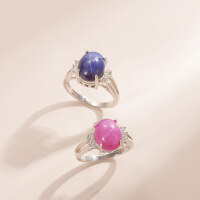 wholesale S925 Sterling Silver Fashion Wedding Ring Set for Men and Women, 8 Carats Large Main Stone with Six-Ray Star Ruby and Sapphire-Cultivated Star Sapphire Ring  US size 8 (domestic size 17)