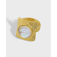 wholesale S925 Sterling Silver Geometric Square Micro-set Gemstone Textured Open Adjustable Ring, Korean Version Ins Minimalist Design-18K Gold [No. 13/Adjustable] Opening adjustable