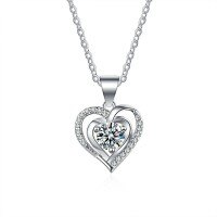 Sterling Silver Moissanite Women's Necklace, Heart Pendant Collarbone Chain, Minimalist Cross-Border Design-[Super Sparkling Zircon] 1 Carat Necklace  925 Silver