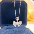 wholesale S925 Sterling Silver Pearl and Diamond Bow Heart Necklace, Unique and Sweet Collarbone Chain, Gift for Female Best Friend-0-0