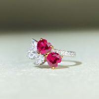 wholesale S925 Sterling Silver Love Ring Ins Style High-End Full Diamond Red Heart Shaped Double Heart Ring for Women Wholesale-Red Corundum-CBJZ428 5