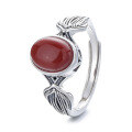wholesale S925 Sterling Silver Retro Vintage Style Oval Red Agate Stone Light Luxury Versatile Open-End Ring-0-4