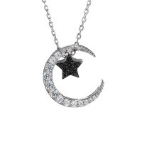 wholesale S925 Sterling Silver Korean-style Light Luxury Jewelry Two-Tone Five-Pointed Star and Moon Full Diamond Necklace for Women, Detachable with Multiple Wearing Styles-Platinum>925 silver