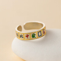 wholesale 999 Silver Exquisite Niche-Designed Chinese Style Gold-Traced Thirteen Wonders Mahjong Ring R02749-999 Pure Silver Ring>Adjustable opening