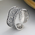 wholesale S925 Sterling Silver Retro Matte Wide Openwork Six-Syllable Mantra Heart Sutra Ethnic Style Unisex Adjustable Ring-0-1