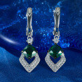 wholesale S925 Sterling Silver Emerald Rhombus Earrings, Luxe Vintage Elegant Banquet Geometric Drop Earrings-0-1