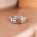 wholesale 925 Silver Retro Antique Matte Finish Pi Yao Coin with Southern Red Inlay, Vintage Style Adjustable Ring for Women-0-1