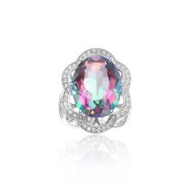wholesale S925 sterling silver 91ct large gemstone ring with floral design, inlaid with colored crystals, TikTok new trendy style-Colorful Plated Crystal Ring>US Size 10
