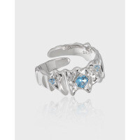 wholesale S925 Sterling Silver 801 Original Niche High-End Irregular Pleat Design Inlaid with Blue Zircon Ring for Women-Platinum [No. 15/Adjustable] Opening adjustable