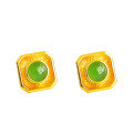 wholesale Gold-plated 925 silver vintage-style certified Hetian jade earrings minimalist square-set semi-circular jade earrings for women-0-4