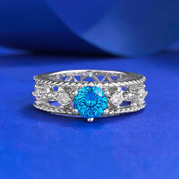wholesale S925 Silver Moojing Jewelry 1-Carat Aqua Diamond Firework Cut Ring for Women, Daily Light Luxury and Versatile Style-R1136 Sea Blue Fireworks Cut Ring Size 5