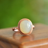 wholesale 925 Sterling Silver with Hetian Jade Oval Adjustable Open Ring for Women, with Certificate-Rose gold model Adjustable opening