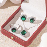 wholesale Metal material first, cross-border live streaming hit colored gemstone fashion women's emerald ring gemstone pendant necklace earring set jewelry-Three-piece set US size 7